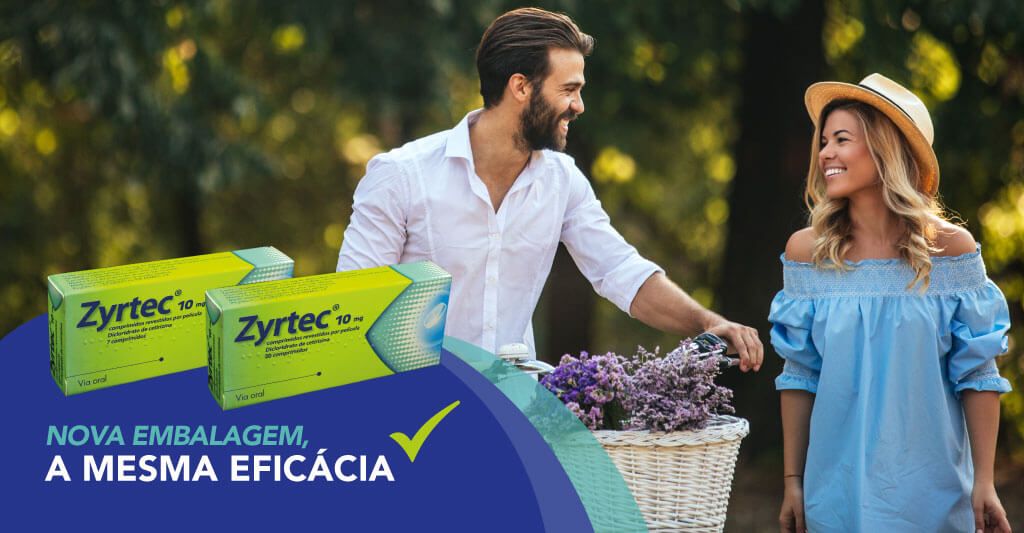 Campanha Zyrtec: casal ao ar livre, embalagem verde, flores